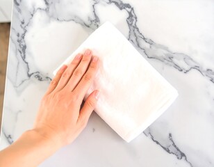 Person wiping a white cloth on a marble surface