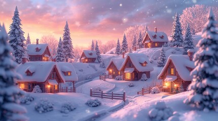Fantasy winter landscape with cozy wooden houses, glowing lights, snowy trees and magical sunset sky, festive Christmas village scene in holiday season atmosphere