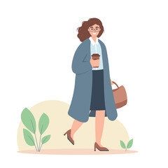 Businesswoman with coffee going to work. Female worker in office outfits with bag. Vector female character illustration on white background.