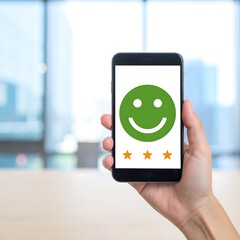 Smartphone displaying a positive customer review