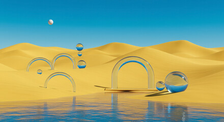 Surreal desert landscape with reflective water pools and glowing arches