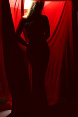 Silhouette of a model behind red drapery in a dimly lit studio during an artistic photoshoot
