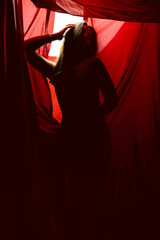 Silhouette of a person against red drapes in a dimly lit room during an artistic exploration of...