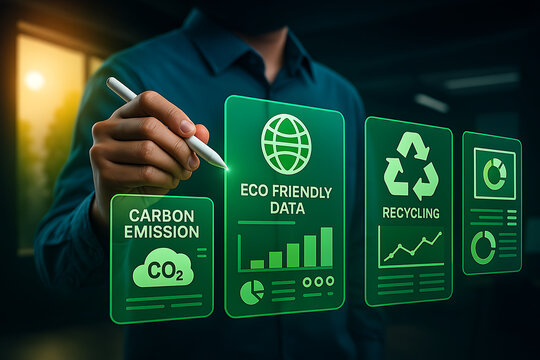 Improving environmental sustainability with a business man analyzing carbon emission, recycling, and eco-friendly data on a futuristic display, focusing on green technology