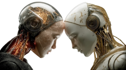 Two contrasting cyborgs one with a transparent cranium and one white ceramic touching foreheads.