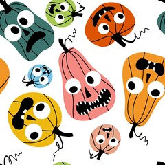 Fototapeta premium Autumn harvest vegetable seamless monster Halloween pumpkins pattern for wrapping paper and fabrics
