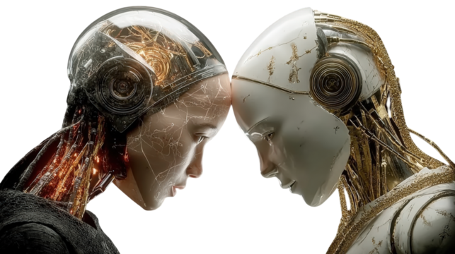 Two contrasting cyborgs one with a transparent cranium and one white ceramic touching foreheads.