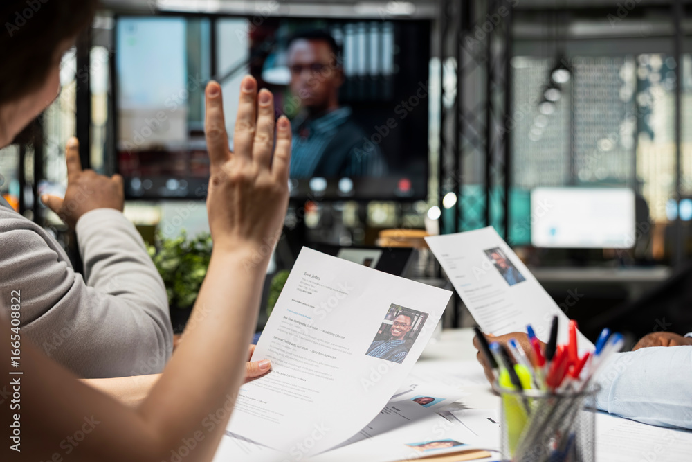 Poster confident job seeker joining remote interview with hr using video call tech, evaluating the resume, 