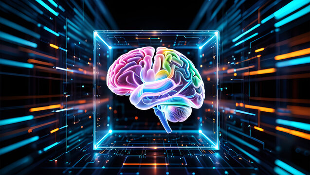 Vibrant multicolored brain encased in glowing digital cube mind thought