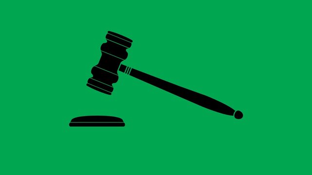 Black and white judge gavel flat icon animation on white background and green screen. 4K animated law hammer hit perfect for law explainer videos, legal motion graphics, and court overlays.