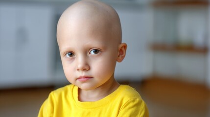 Young child with bald head looking directly at camera, bravely facing childhood cancer. Serious yet hopeful gaze of a resilient kid on a medical journey indoors.
