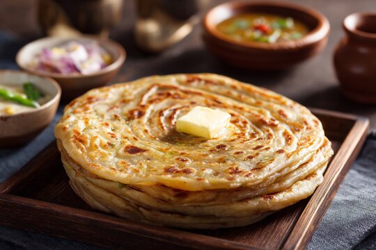 Pakistani lachha paratha layered flatbread butter served hot with chutney authentic breakfast styled for South Asian stock food