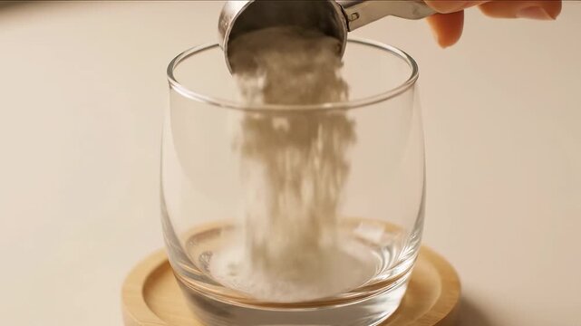 Close-Up of Scooping Nutritional Supplement Powder into a Clear Glass for a Healthy Morning Routine Drink.