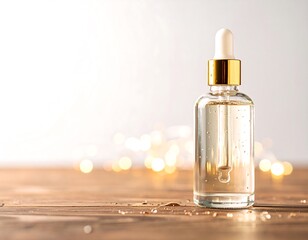 Clear serum bottle on a wooden surface with bokeh lights