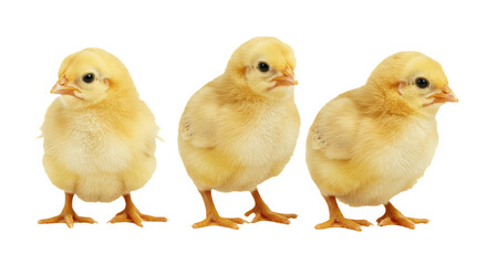Fototapeta premium Three baby chicks isolated on white PNG. Cute farm animal cutout, trio of chicks illustration, domestic poultry clipart, playful newborn birds graphic, and realistic chicken design for creative projec