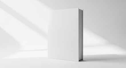A blank white book cover standing upright with soft shadows and light, isolated on a white background