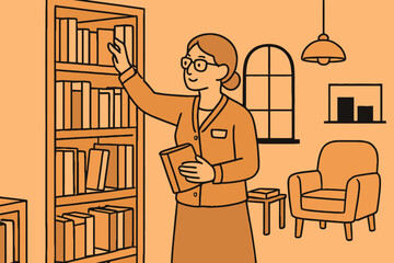 Woman in glasses reaching for book on bookshelf in cozy library room