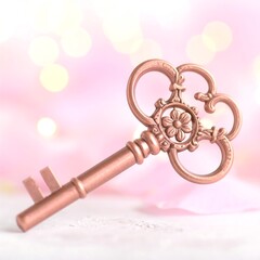 Ornate rose gold key against a soft pink background