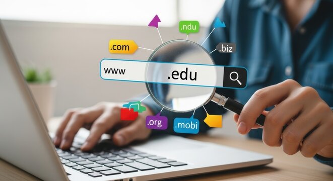 Person using a magnifying glass to search for a edu domain name on a laptop, symbolizing online education and research