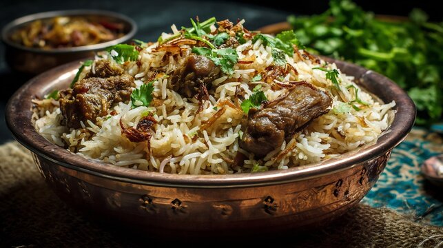 Pakistani mutton pulao cooked stock and whole spices garnished with fried onions and coriander authentic South Asian rice dish stock
