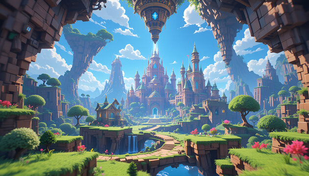 Majestic fantasy castle complex with floating islands and vibrant landscape inspires wonder