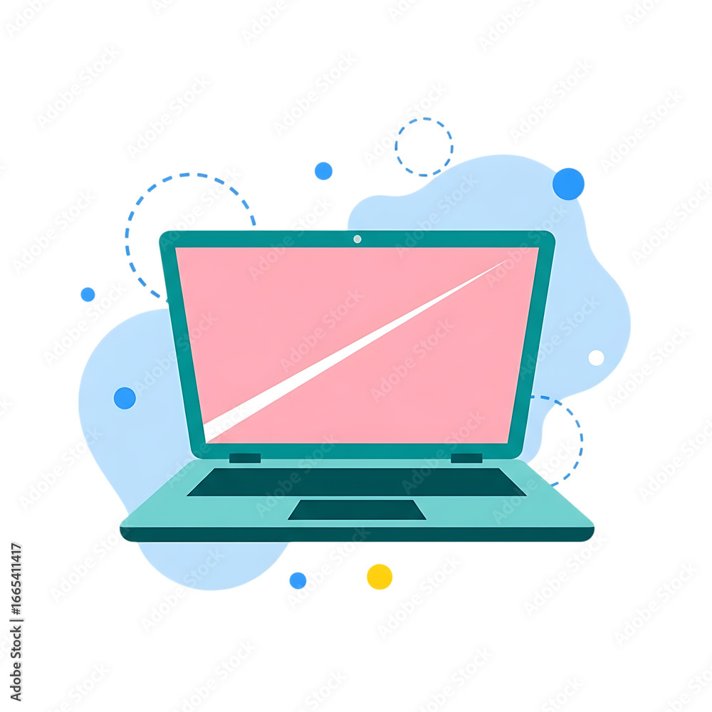 Fototapete modern flat design illustration of an open laptop computer with a pink screen and abstract colorful 