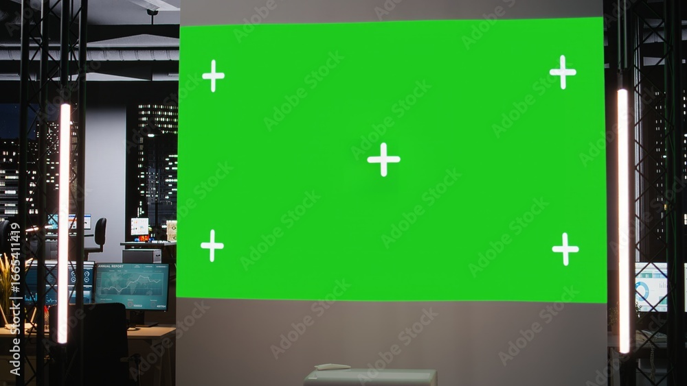 Poster empty business space showing dark office with isolated display late at night, digital display of gra
