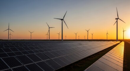Wind turbines and solar panels at sunset, a renewable energy landscape for a sustainable future