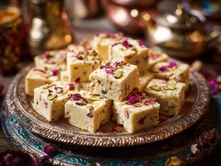 Pakistani patisa soan papdi flaky sweet cubes arranged festive tray authentic cultural dessert styled for South Asian stock photos
