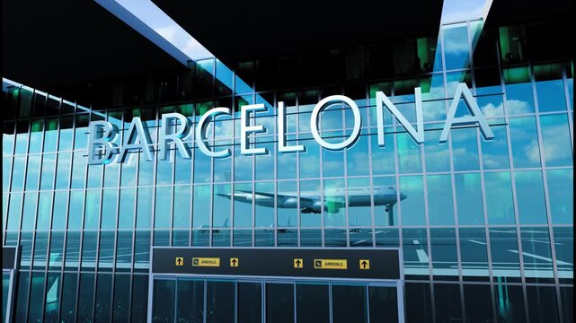 Airlane landing at Barcelona. Arrival in the city with reflection of airport and aircraft