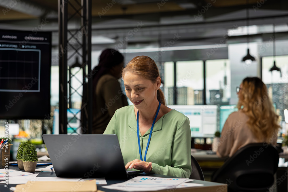 Poster business consultant analyzing financial data and writes reports in a sleek office, developing the co