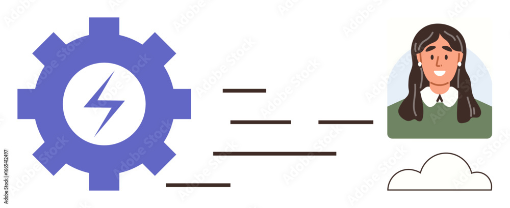 Poster gear symbol with lightning bolt, indicating energy and solutions, connected to a smiling user via di