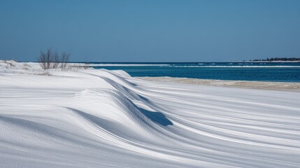 Obraz premium Wind sculpted snow dunes at a winter beach.