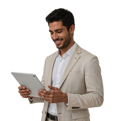 Confident young businessman using tablet for modern business solutions, smiling with optimism ready to disrupt, innovative and  success