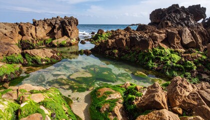 Serene coastal rock pools filled with crystal clear water, textured surfaces covered with green algae and barnacles, natural abstract seascape. Minimalist composition with soft natural lighting, high 