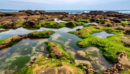 Serene coastal rock pools filled with crystal clear water, textured surfaces covered with green algae and barnacles, natural abstract seascape. Minimalist composition with soft natural lighting, high 