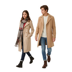 Stylish couple walking together in elegant tan coats, showcasing modern fall fashion trends for urban lifestyle and apparel advertising campaigns