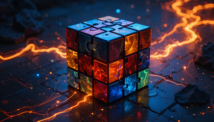 Unravel complex challenges with this vibrant, interconnected puzzle cube, symbolizing innovation and problem-solving.
