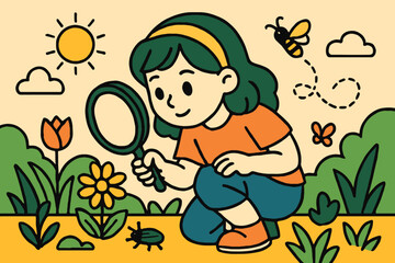 Curious young girl with magnifying glass explores nature and insects © mdalhazsarkar