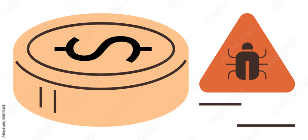 Poster dollar coin next to a triangular warning sign with a bug icon. ideal for finance, cybersecurity, mal