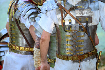 A Close up of Roman Soldiers in Lorica Segmentata Armor. Concept The uniformity of the Roman legion.