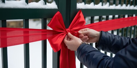 Hands tying large red bow on snowy gate as festive Christmas outdoor decoration.