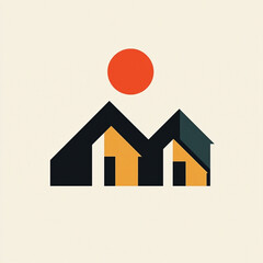 Minimalist Geometric Houses Silhouette Under a Vibrant Orange Sun.