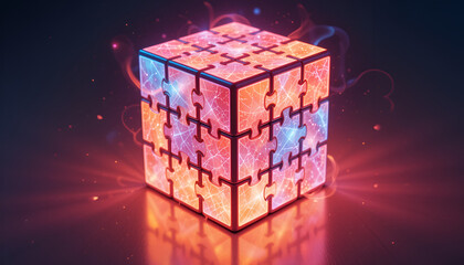Dynamic glowing puzzle cube symbolizes complex problem solving and innovative business solutions
