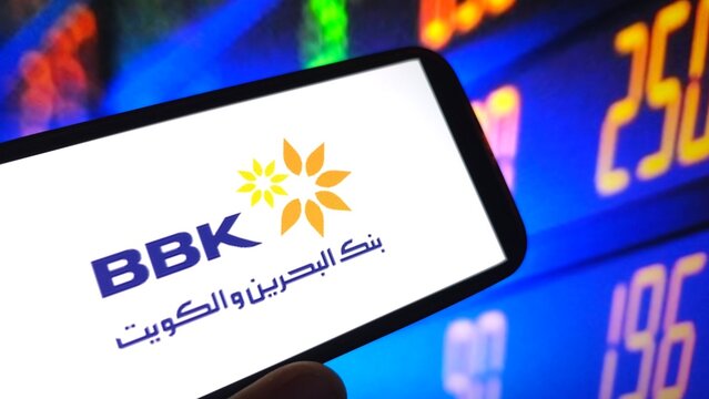 Konskie, Poland - August 24, 2025: Bank of Bahrain and Kuwait company logo displayed on mobile phone