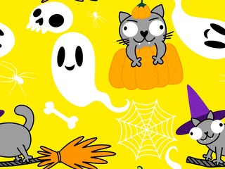 Obraz premium Halloween animals seamless cats pattern for wrapping paper and fabrics and linens and kids clothes print