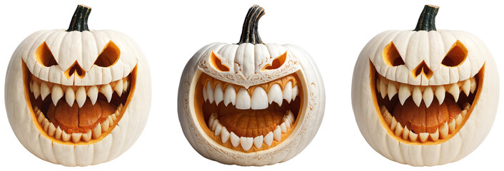 Spooky White Halloween Pumpkin Carvings with teeth: Set of Different Designs Jack o Lanterns on a transparent background