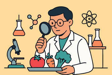 Scientist examines fresh vegetables under magnifying glass in laboratory setting