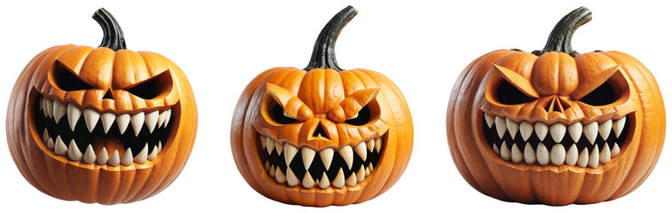 Spooky Halloween Pumpkin Carvings: Set of Different Designs with Scary Faces and teeth on a transparent background
