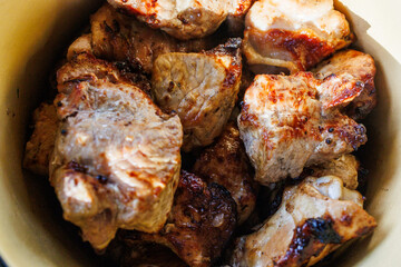 Macro photography of juicy barbecue meat with crispy seared edges